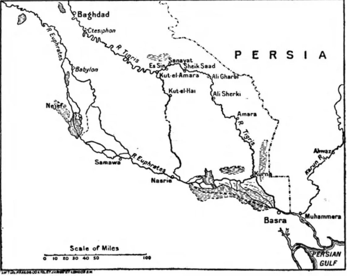 Historical map of Mesopotamia showing Tigris and Euphrates